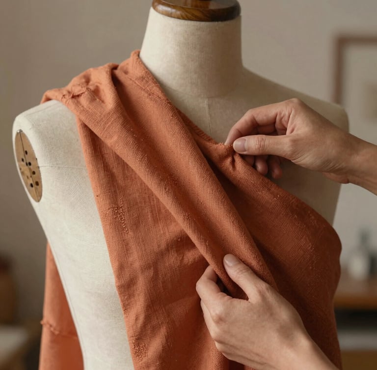 Close-up of hands draping terracotta-washed linen on a wooden mannequin, warm morning light casting soft shadows in an airy Utah studio, macro textile detail.