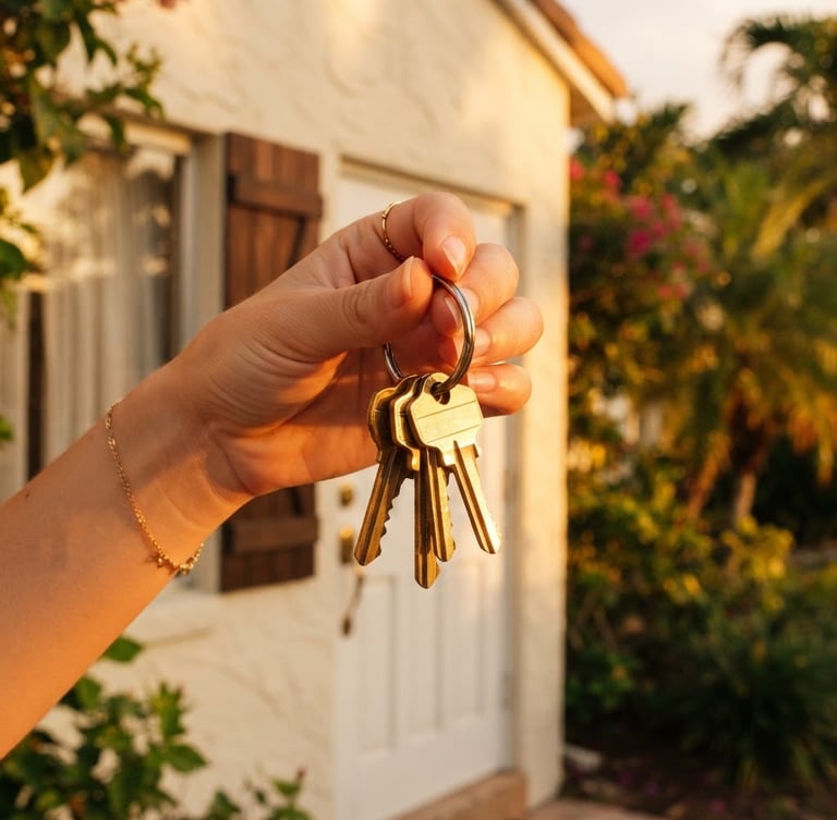 Close-up of a hand holding shiny brass keys on a silver ring, warm golden Florida sunset light washing over a clean cream-colored home exterior, 35mm lens.