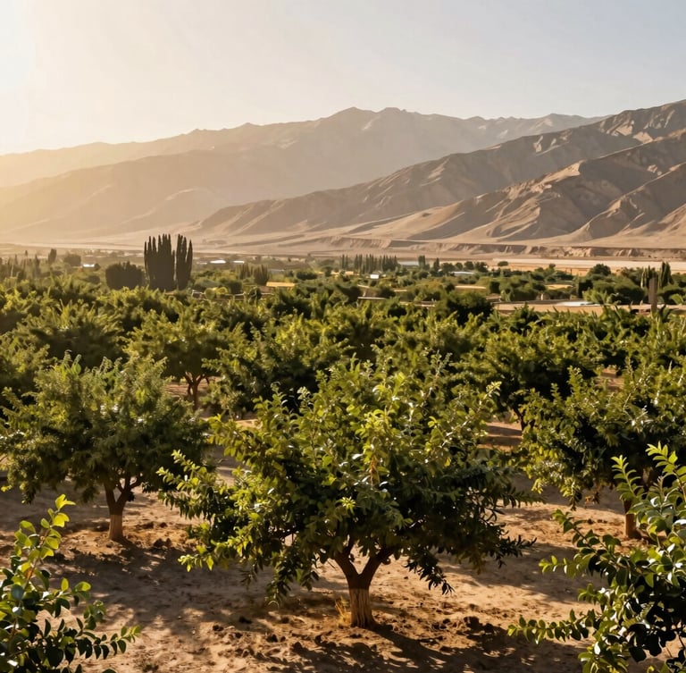 Wide panoramic shot of a sun-drenched organic orchard in an Afghan valley, low horizon, mountains in the distance, warm golden hour light