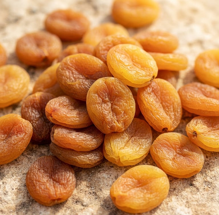 Macro photograph of golden sun-dried Afghan apricots on a clean stone surface, warm natural sunlight casting soft shadows, rich textures, shallow depth of field