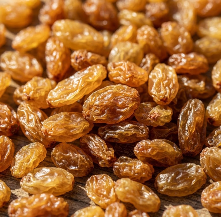 Macro photograph of premium golden Afghan raisins, sun-drenched, highly detailed skin texture, bright natural light, shallow depth of field
