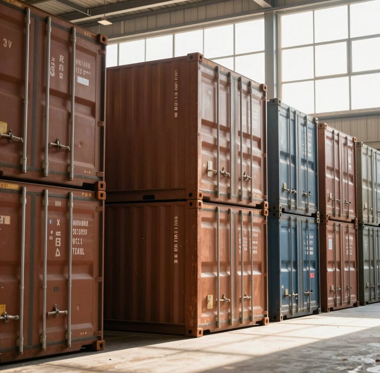 Wide angle photograph of high-end clean logistics warehouse, stacked cargo containers, warm natural sunlight streaming through high windows, dust motes in light