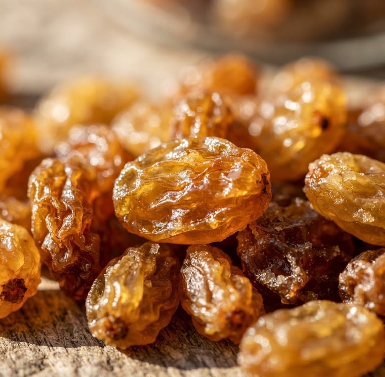 Extreme macro shot of golden raisins glistening in bright natural sunlight, rich warm earth tones, shallow depth of field, high contrast textures.