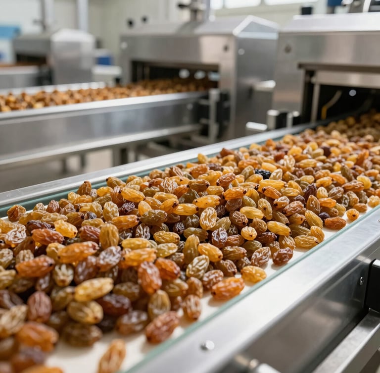Wide angle shot of a modern clean agricultural processing facility, stainless steel machinery, meticulously sorted golden raisins on a conveyor belt, bright natural light.