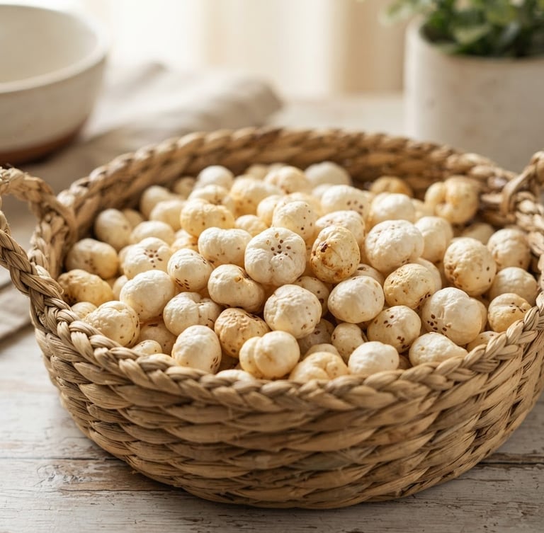 Elegant close-up of premium graded makhana in a hand-woven basket, soft natural morning light, shallow depth of field, 50mm