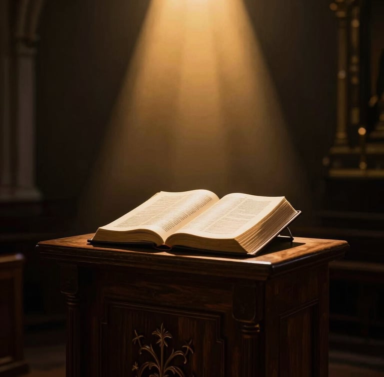 Dramatic church altar photography, warm golden spotlight cutting through deep darkness, holy Bible open on a wooden pulpit, high contrast, 35mm