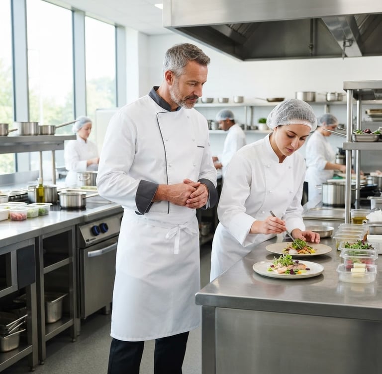 Chef profesional con uniforme impecable supervisando la preparación de alimentos en una cocina industrial reluciente, bajo luz natural brillante. Enfoque en la limpieza y el detalle.
