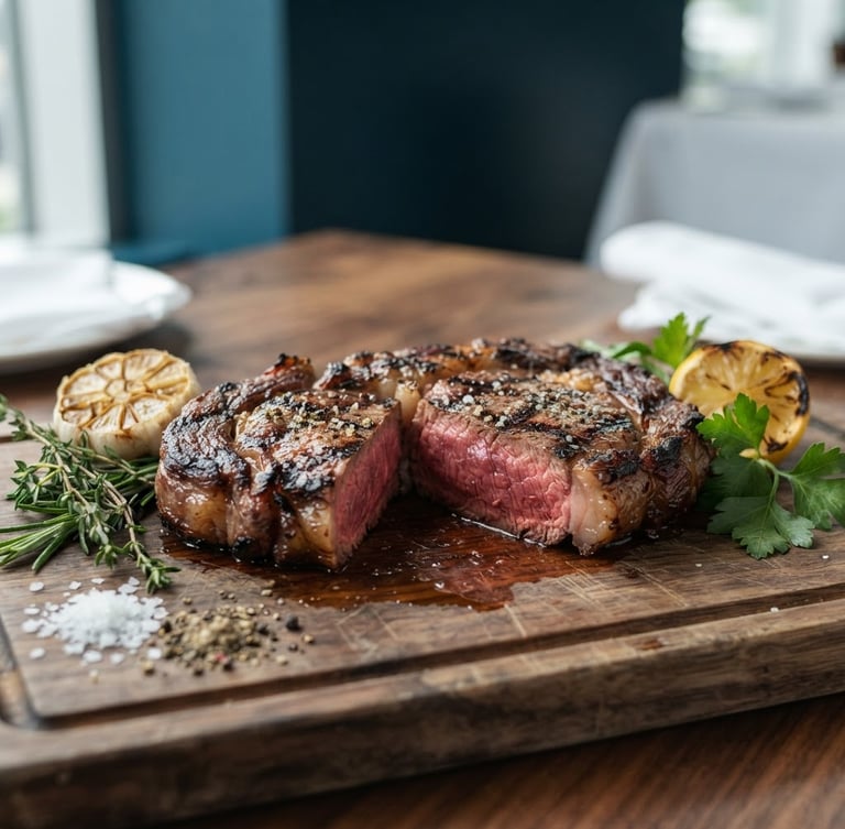 Close-up of a perfectly grilled steak, medium-rare, with grill marks, resting on a wooden board, surrounded by elegant garnishes, bright natural daylight, soft shadows, professional architectural lens.