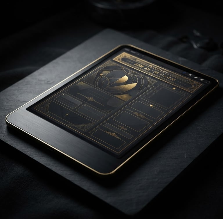 Dark luxury product photography of a 3D gold-trimmed digital workbook mockup on a sleek tablet screen, dramatic low-key studio lighting, deep charcoal background, sharp macro focus, 35mm