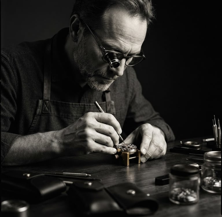 Dramatic low-key studio portrait of a focused creator in a dark minimalist setting, high-contrast black-and-white, sharp directional key lights, 35mm