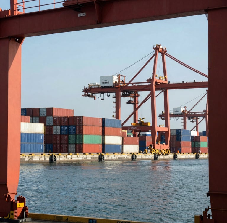 Wide panoramic deep-water port with stacked shipping containers under hard daylight, industrial framing, sharp focus.