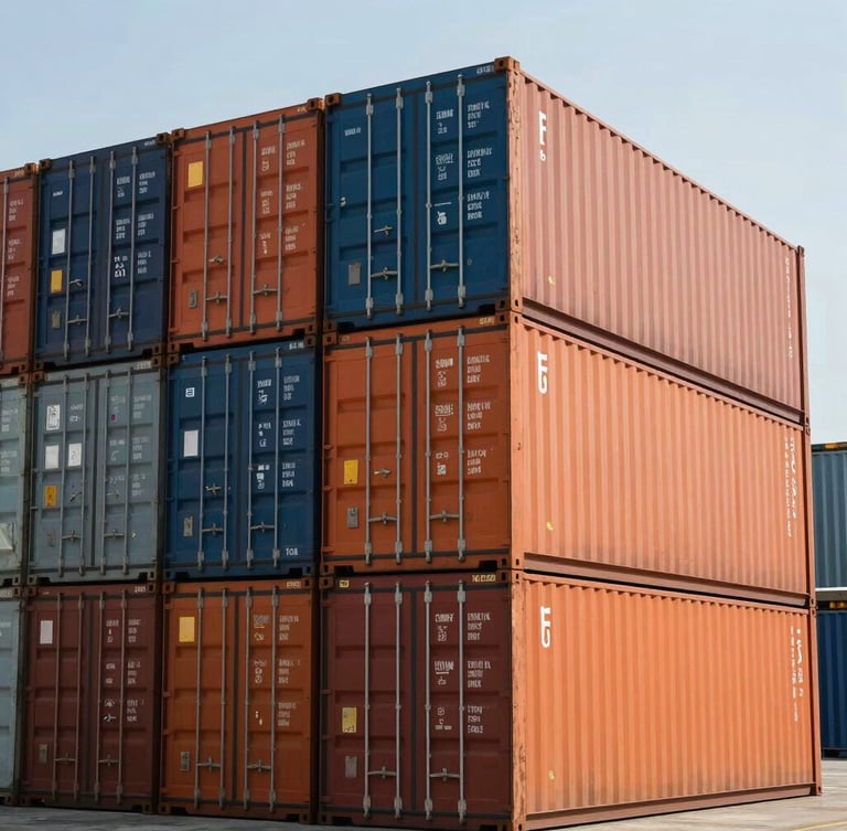 A towering stack of industrial shipping containers in a port yard under hard daylight, steel textures, orange and blue containers.