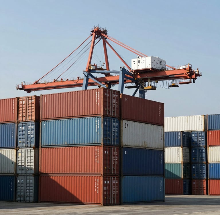 Wide dramatic view of stacked shipping containers at a deep-water industrial port, hard daylight casting sharp shadows, massive container crane in the background, high-contrast industrial composition.