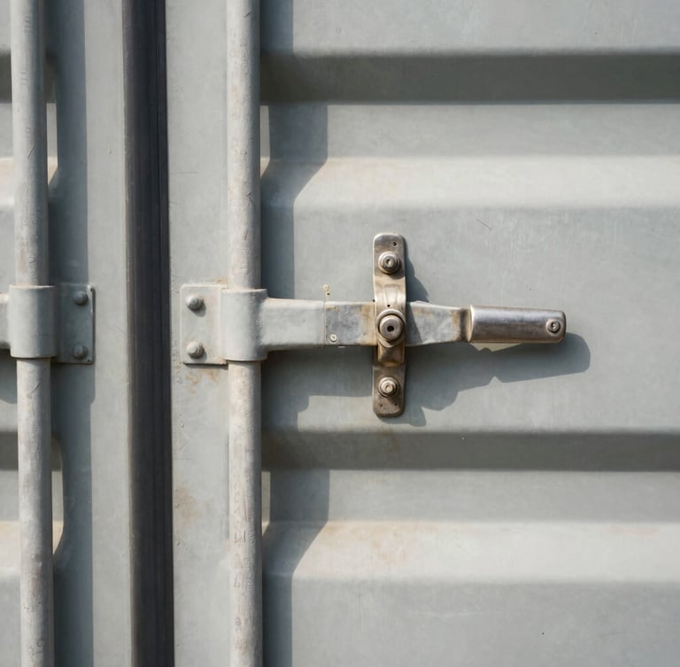 Tight macro shot of a shipping container door lock with metal seals and batch numbers, hard daylight