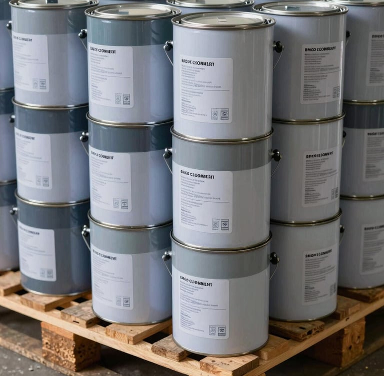 Close-up of industrial paint containers stacked on wooden pallets, batch numbers and European certification labels visible on the metal cans