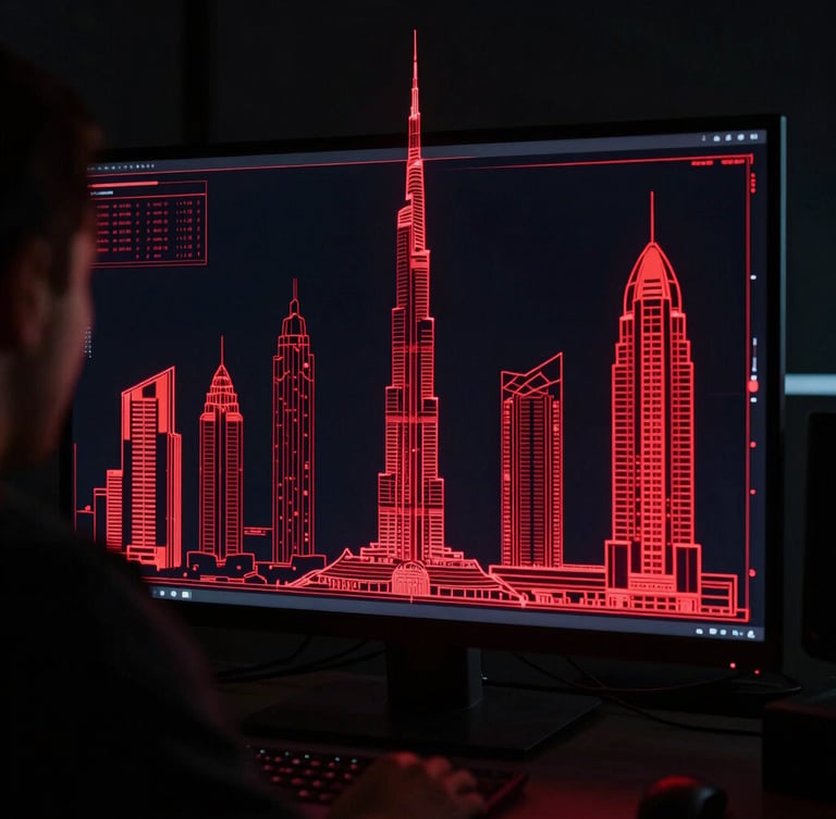 Over-the-shoulder shot of a high-tech studio monitor displaying glowing red architectural blueprints of a Dubai skyscraper, low-key lighting, ultra-modern setup