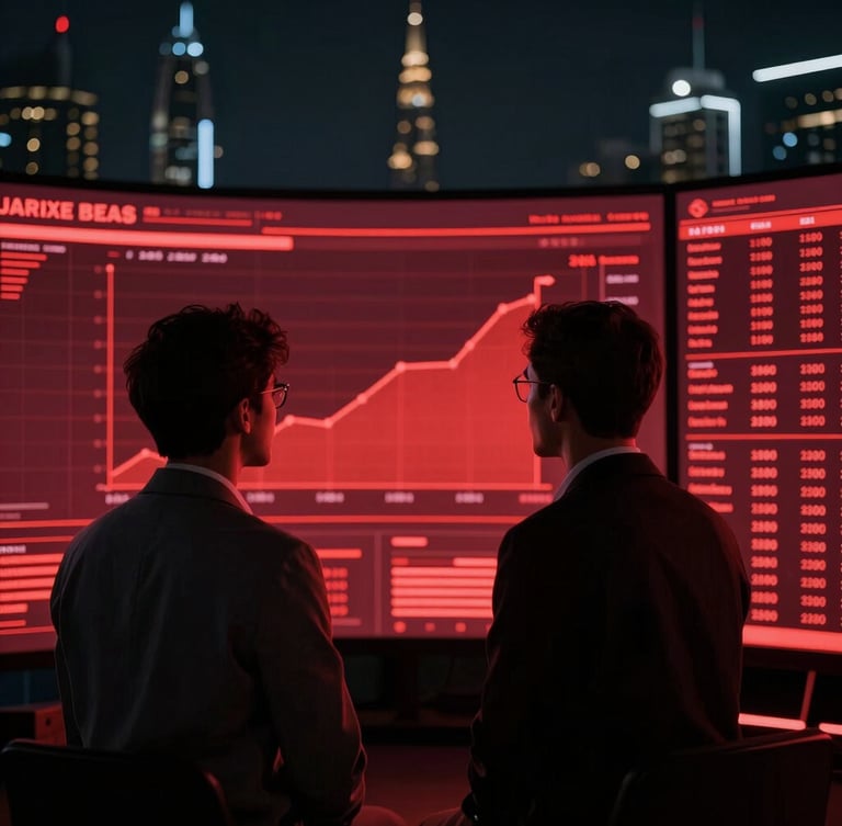 Professional over-the-shoulder studio angle of a market analyst looking at glowing red data screens showing Dubai real estate charts, dramatic key lighting, 35mm.