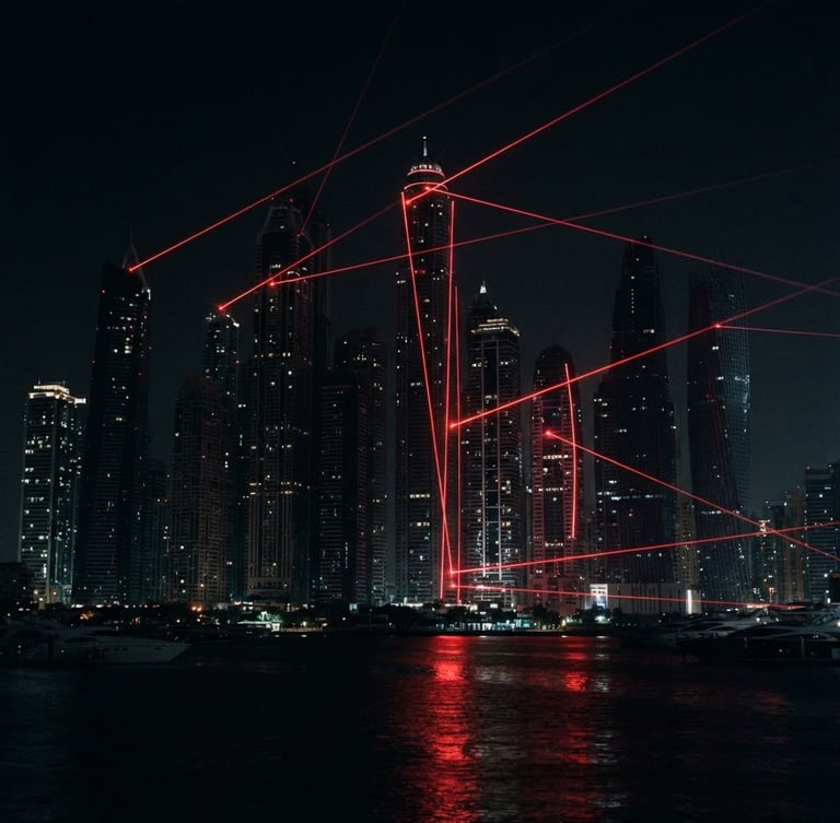 Cinematic night photography of Dubai Marina skyline, dramatic low-key lighting with glowing red laser lines, high-contrast deep black shadows, 35mm.