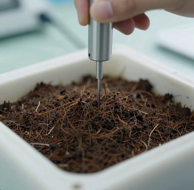 Macro close-up of dark coconut peat fibers being measured for electrical conductivity in a clean, modern laboratory, bright daylight, technical precision