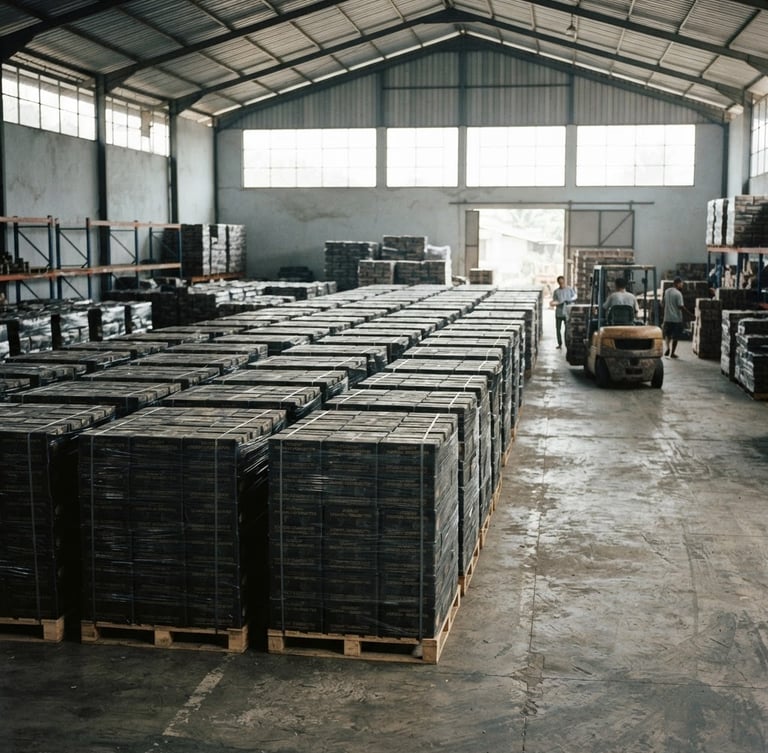 Clean industrial photography of neatly stacked pallets of coconut charcoal briquettes inside a spacious Indonesian export warehouse, bright natural daylight streaming through high windows, desaturated green and slate tones, sharp focus, 35mm