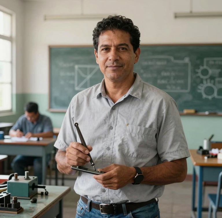 Dignified portrait of a Colombian technical instructor in a high-school mechanical workshop, natural daylight, holding drafting tools, 35mm lens, realistic setting.