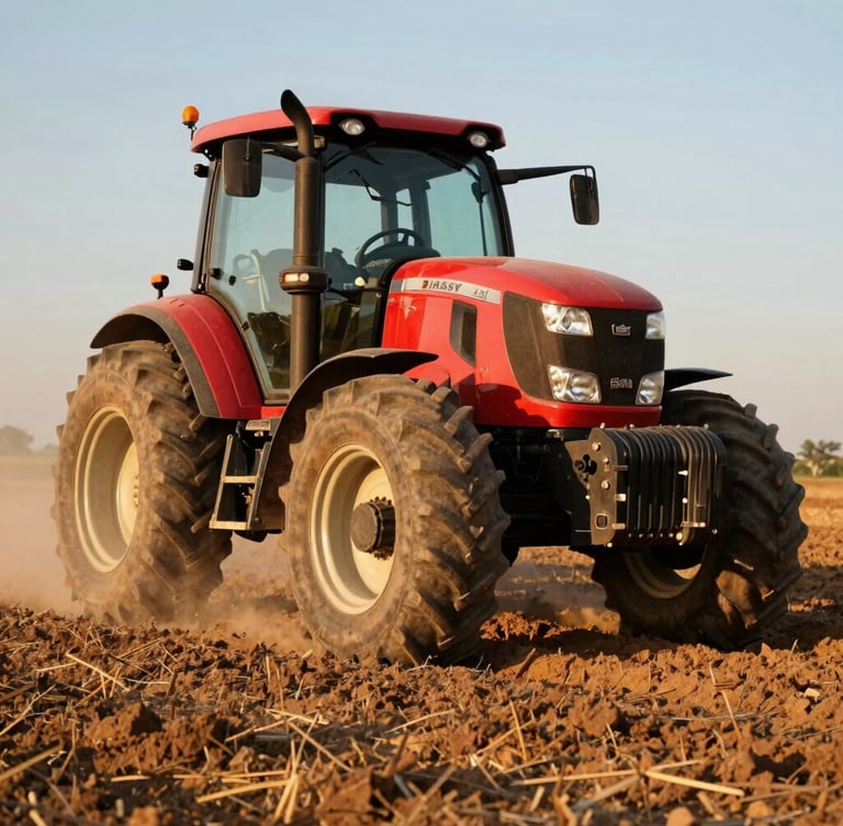 Close-up of a powerful red Massey Ferguson tractor working a dry soil field in Ceará, dust kicking up behind massive wheels, low-angle heroic framing, warm golden hour sunlight.