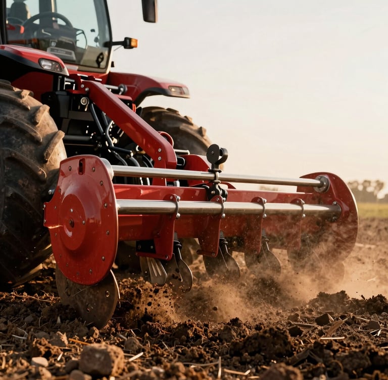 Heroic close-up of a robust Baldan CRSG harrow slicing through dark soil, dust rising in the warm afternoon light, mechanical steel details visible.
