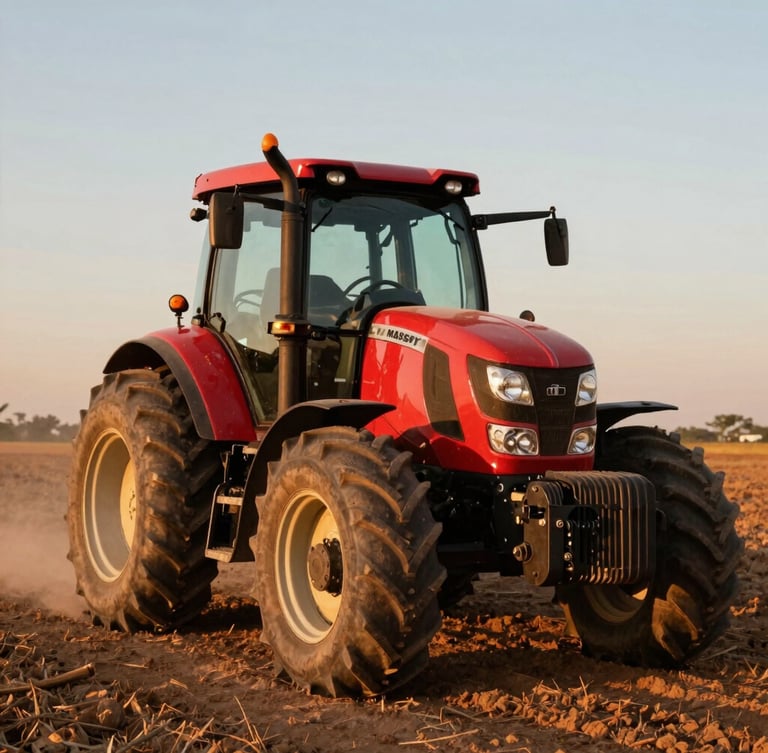 Low-angle heroic shot of a red Massey Ferguson tractor working a dusty field in Ceará during golden hour, rich red metal reflecting warm sunlight.