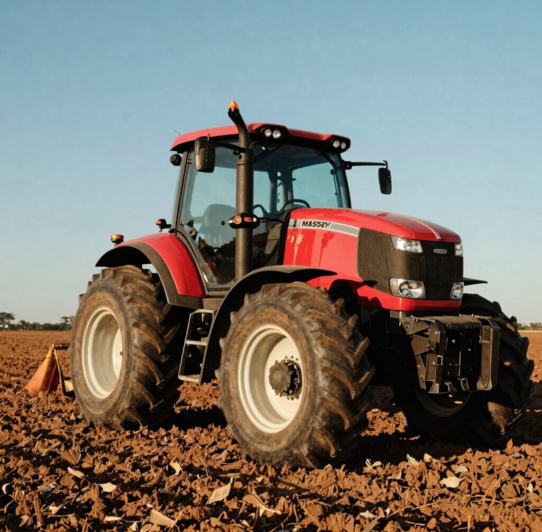 Low-angle heroic shot of a Massey Ferguson planter parked in a cleared field in Ceará, bright clear daylight reflecting off the classic red paint.