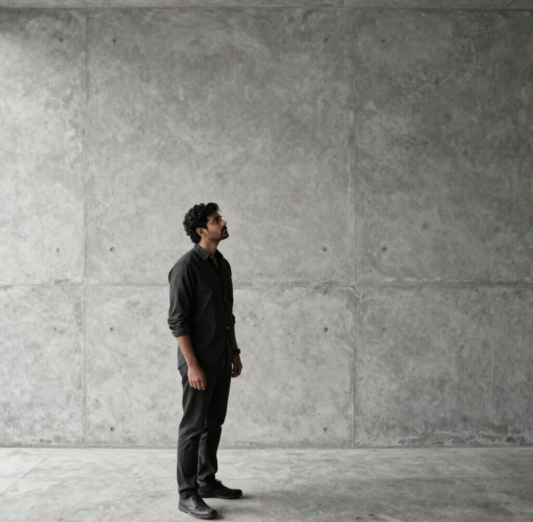 Professional portrait of Sadman Sakib Rafeo, architect, in a minimalist, light-filled architectural space, contemplating a design, sharp side-lighting, desaturated concrete and charcoal tones.