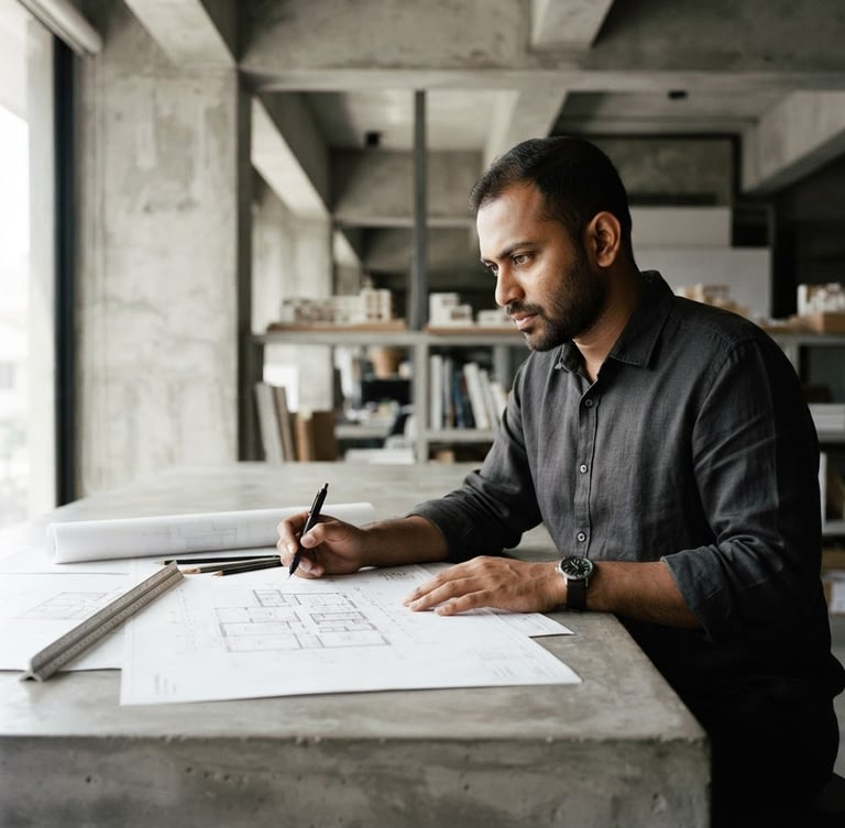 Professional portrait of Sadman Sakib Rafeo, architect, in a modern, minimalist studio, sharp side-lighting, warm concrete tones, focused, determined expression.
