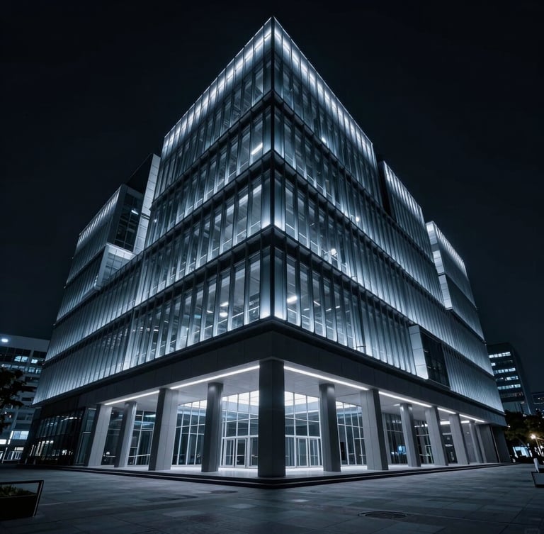 Sleek dark-mode technology photography, high-contrast cool blue highlights, architectural interior of a high-tech corporate headquarters with geometric lighting, cinematic wide shot, 35mm