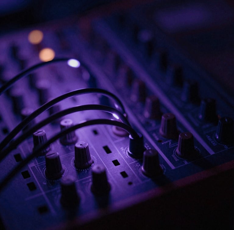 Extreme shallow depth of field shot of modular synth patch cables glowing under soft back-lit violet light leaks, dark atmosphere.