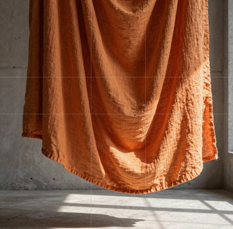 Macro shot of premium orange linen drapery hanging in a sun-drenched concrete interior, showing photorealistic fabric physics and a delicate AR grid overlay.