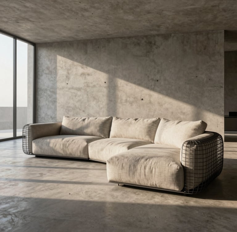 Wide-angle architectural render of a minimalist concrete living room in Riyadh, golden-hour sunlight casting sharp shadows, a luxury modular sofa with highly detailed linen texture merging seamlessly into a wireframe mesh on the right.