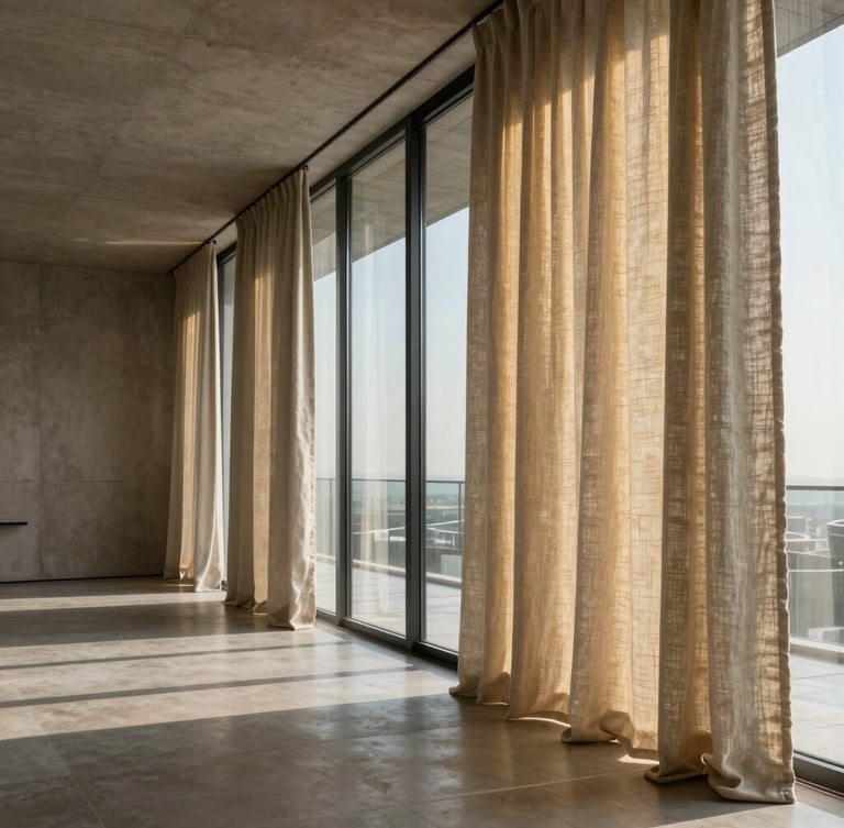 Wide cinematic architectural shot of a sun-drenched Riyadh penthouse with concrete walls, floor-to-ceiling glass, and a high-fidelity digital render of premium linen curtains casting sharp golden-hour shadows.
