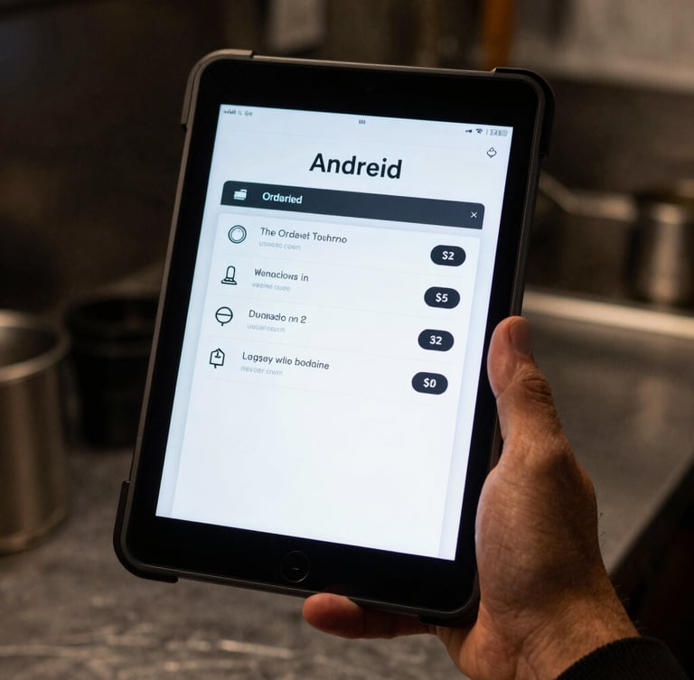 Close-up of a rugged Android tablet displaying a native ordering app, held by a server's hand mid-service, with moody kitchen lighting and cool screen glow, 35mm lens.