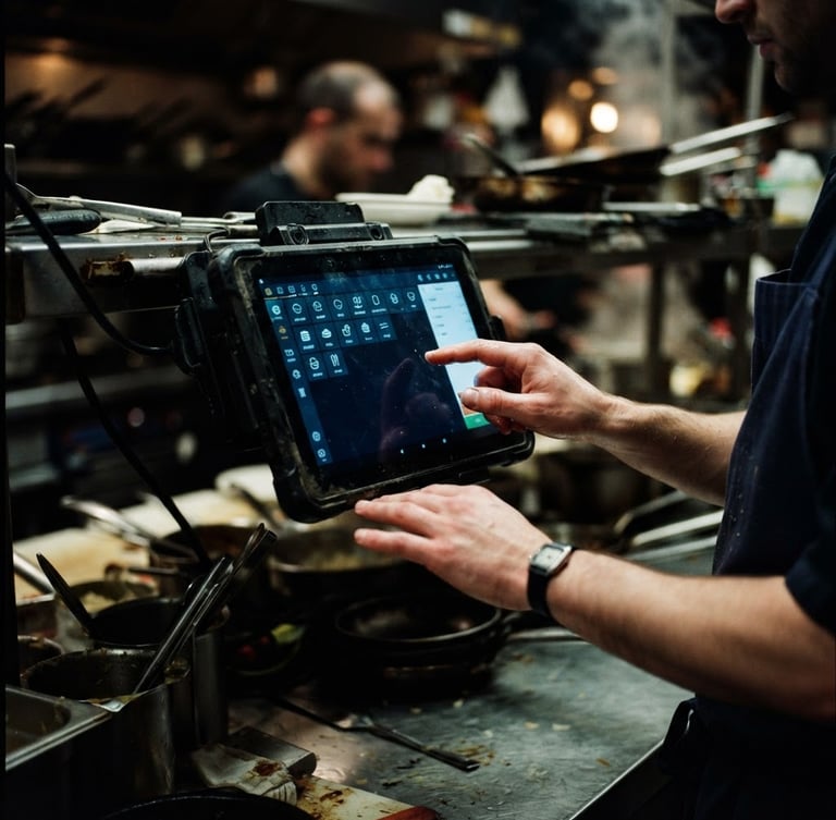 Close-up of a rugged Android POS tablet mounted in a busy, dimly lit kitchen, hands interacting with the screen, high-contrast moody lighting with cool screen glow, rich dark tones.