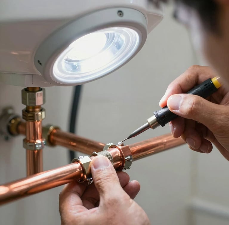 Close-up of a technician soldering copper pipe joints for a residential water heater, bright focused work light, clean professional execution