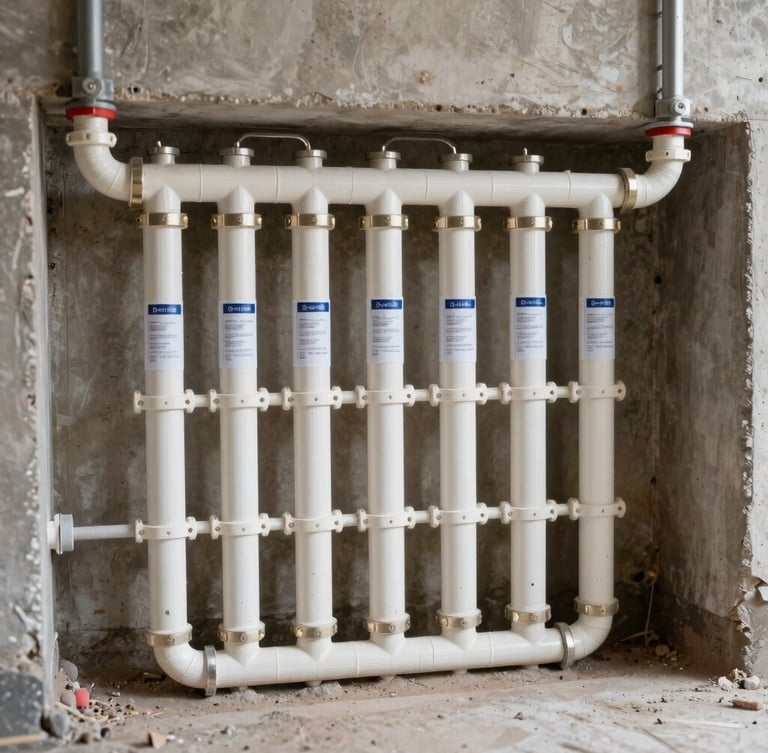 Manifold system of clean PEX plumbing lines installed in a residential basement, neatly labeled and organized, bright daylight