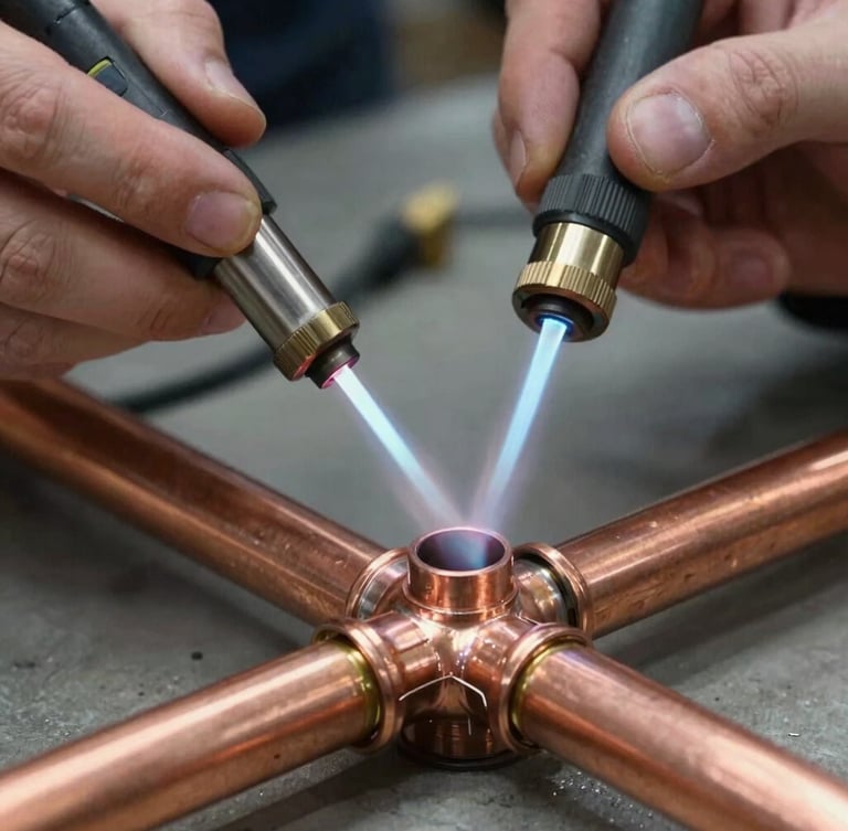 Close-up shot of a professional technician soldering clean copper pipe joints with a bright, focused torch flame, crisp daylight illuminating the metallic textures.