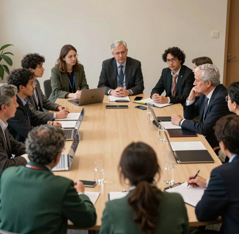 A wide environmental shot of an active research roundtable with international policy makers and local mediators in deep discussion, soft warm indoor ambient light.