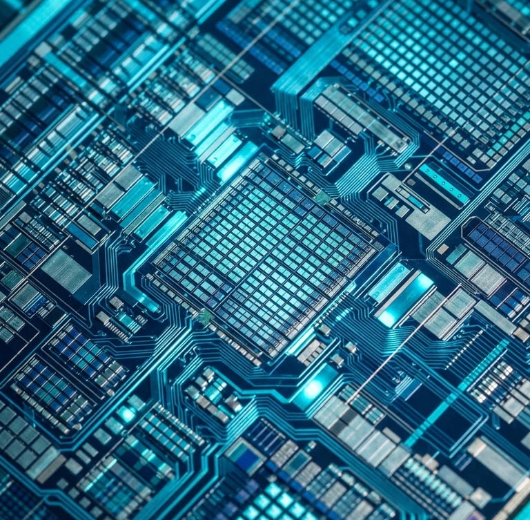 Extreme macro close-up of a micro-display chip reflecting cool-toned cyan strobe light in a cleanroom, showing sub-micron circuit alignments