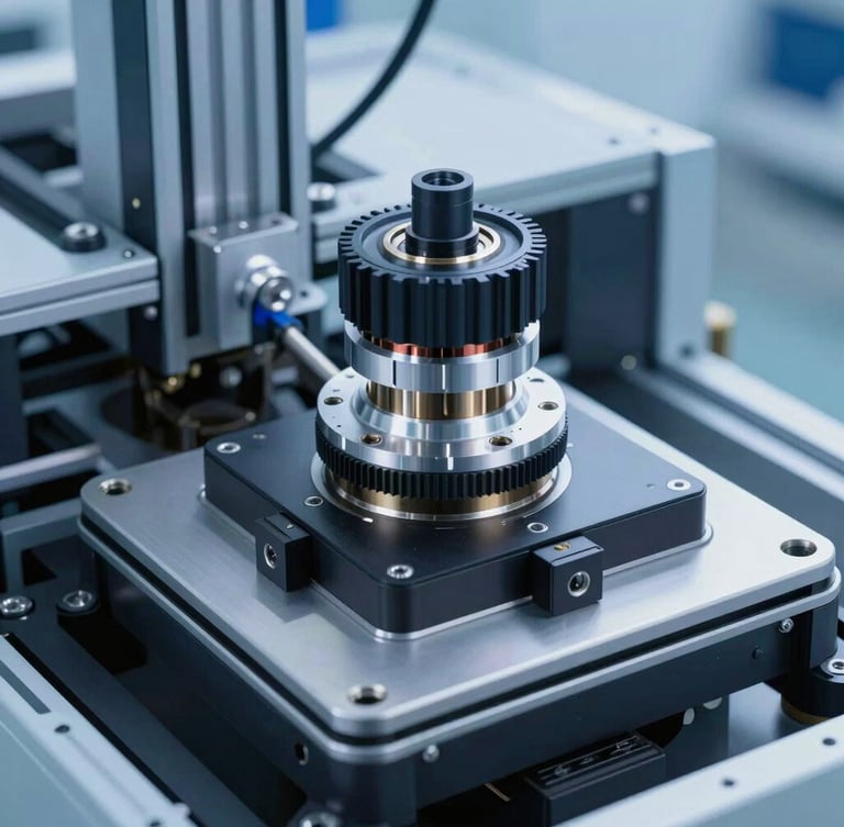 Overhead structural layout of a high-precision AR/VR optical engine module on an automated assembly line, cool-toned cleanroom lighting