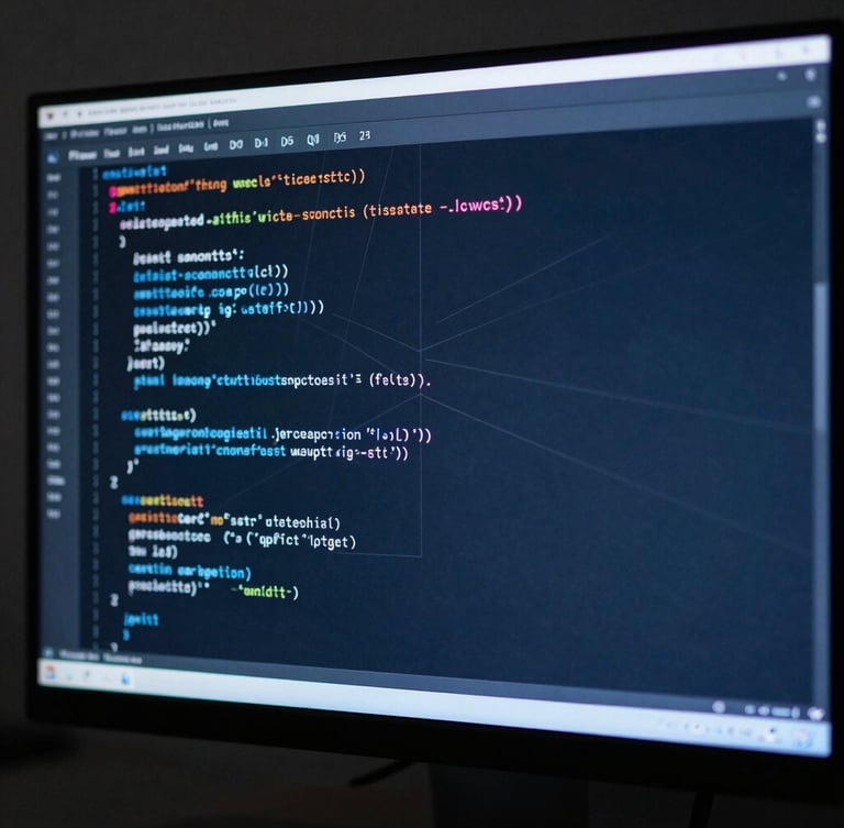Macro shot of clean code displayed on a high-resolution monitor in a dark room, sharp focus on syntax highlighting, cool blue tones, architectural lines of the screen.