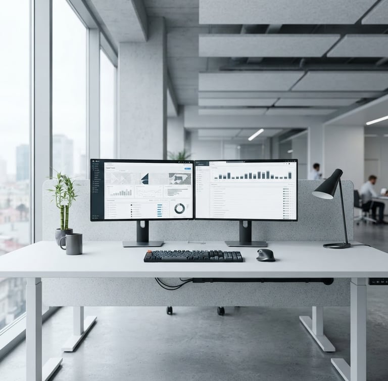 Crisp architectural photography of a minimalist workspace, cool daylight, clean desk with high-resolution screens displaying organized support queues, sharp focus, 35mm lens