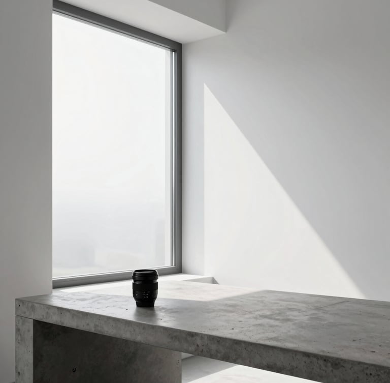 Crisp architectural photography of a clean minimalist workspace with high-contrast sharp angles, cool daylight streaming through a large window onto a concrete desk, 35mm lens