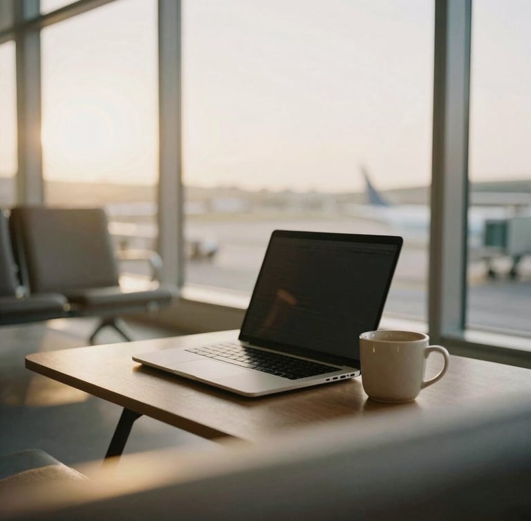 A minimalist remote workspace in a sunlit airport lounge, a laptop open next to a warm ceramic mug, soft golden-hour window light, muted earthy tones, 35mm film aesthetic.