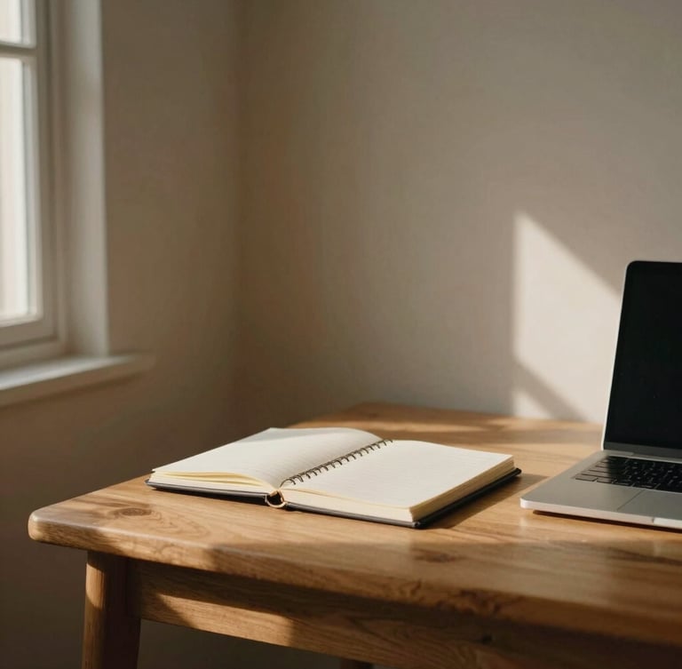 A quiet, warm editorial shot of a wooden desk with a notebook and a laptop, soft window light, shadow of leaves on the wall, minimalist composition