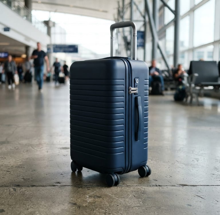 Crisp editorial travel photography, bright natural daylight, close-up of a sleek navy hardshell carry-on suitcase resting on a concrete airport floor, clean lines, 35mm lens